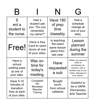 VAPA Elementary Arts Bingo Card
