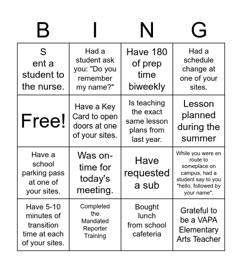 VAPA Elementary Arts Bingo Card