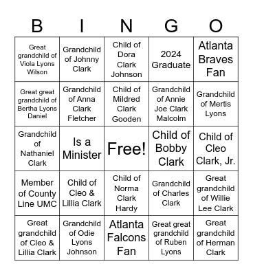 Clark Family Reunion 2024 Bingo Card