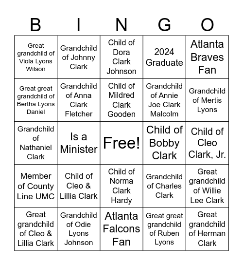 Clark Family Reunion 2024 Bingo Card