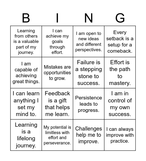 Growth Mindset Bingo Card