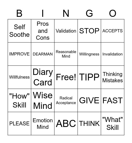 DBT Bingo Card