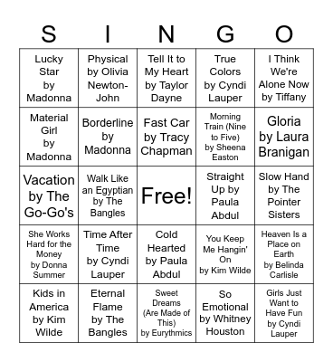 Ladies of the 80's Bingo Card