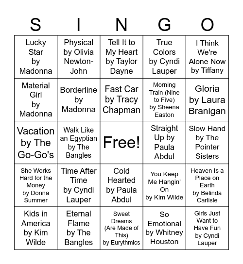 Ladies of the 80's Bingo Card