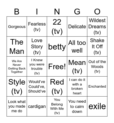 Taylor Swift by EthanShort7 Bingo Card