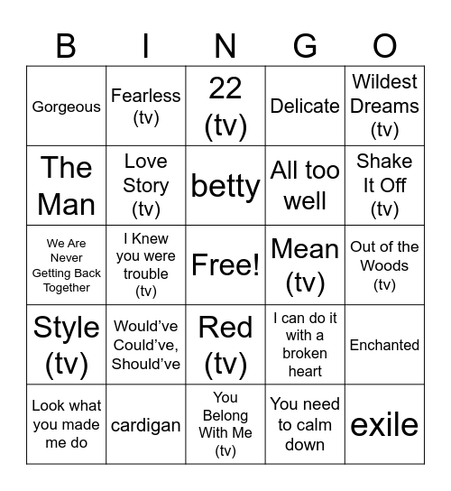 Taylor Swift by EthanShort7 Bingo Card