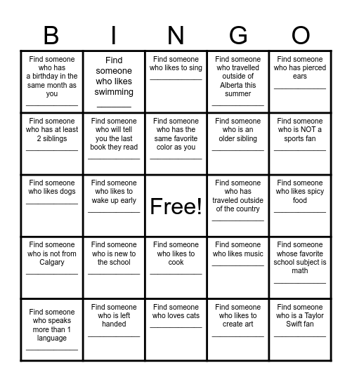 Find a Friend Bingo Card