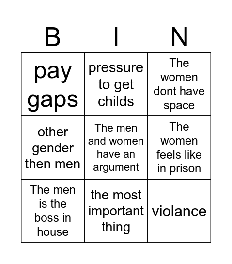 patriachy Bingo Card