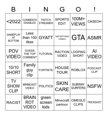 YouTube shorts Bingo Card