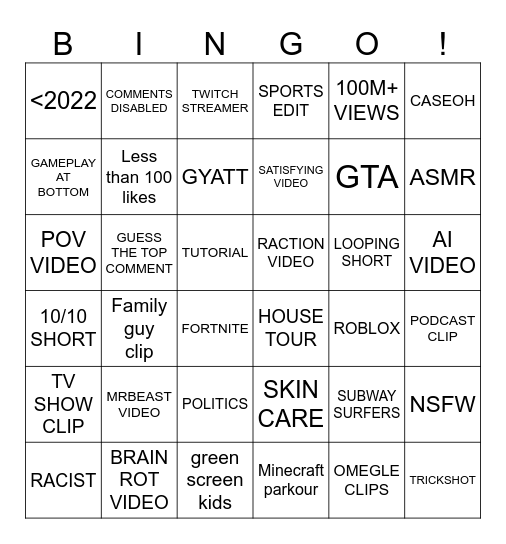 YouTube shorts Bingo Card