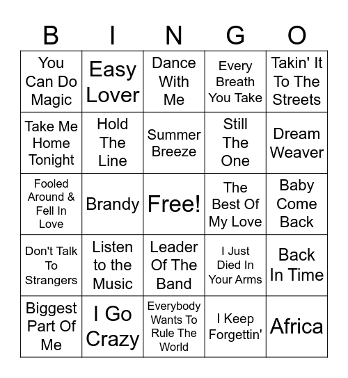 Yacht Rock Bingo Card