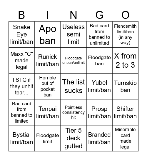 Boomer Banlist Bingo Card