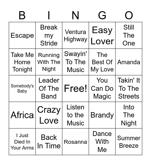 Yacht Rock Bingo Card