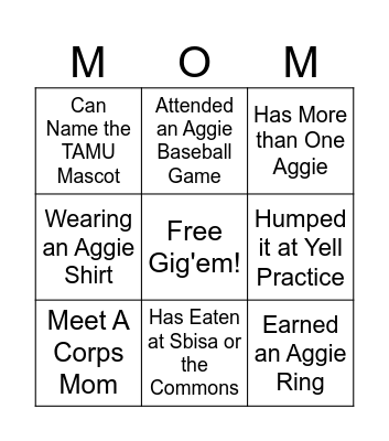 Find These Aggie Moms Bingo Card