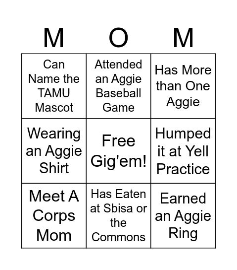 Find These Aggie Moms Bingo Card