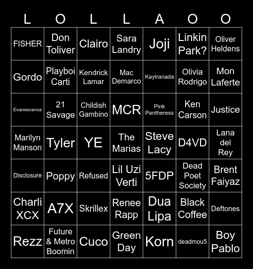 Lolla? Bingo Card