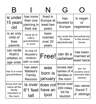 Thompson-Bostic Family Reunion Bingo Card