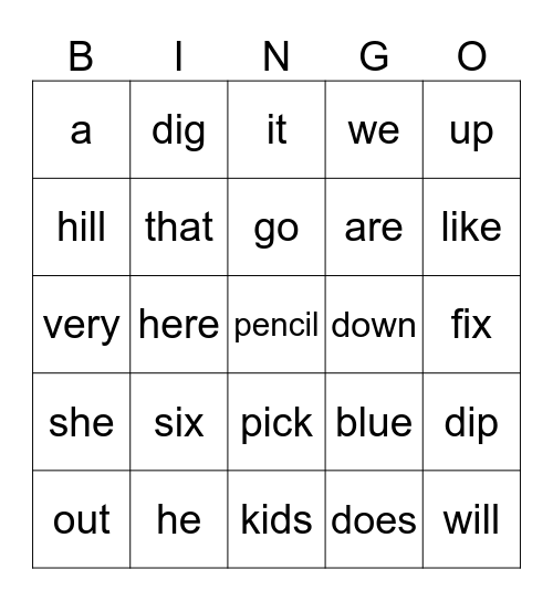 Six Kids & Vocabulary Bingo Card