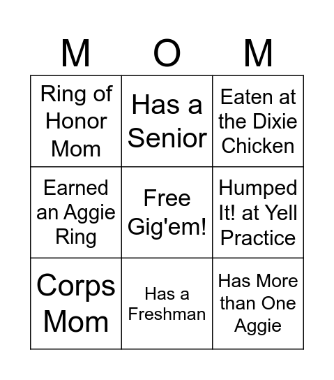 AGGIE MOM BINGO Card