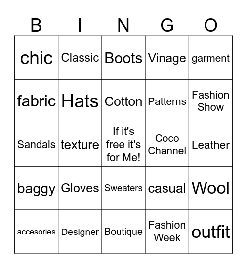 Fashion Bingo Card