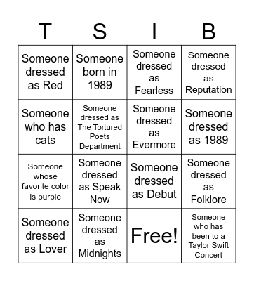 Taylor Swift Ice Breaker Bingo Card