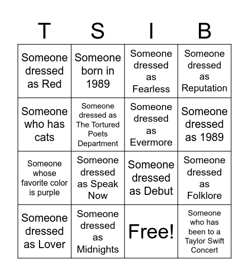 Taylor Swift Ice Breaker Bingo Card