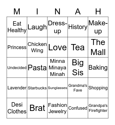 Minah's Sweet Sixteen Bingo Card