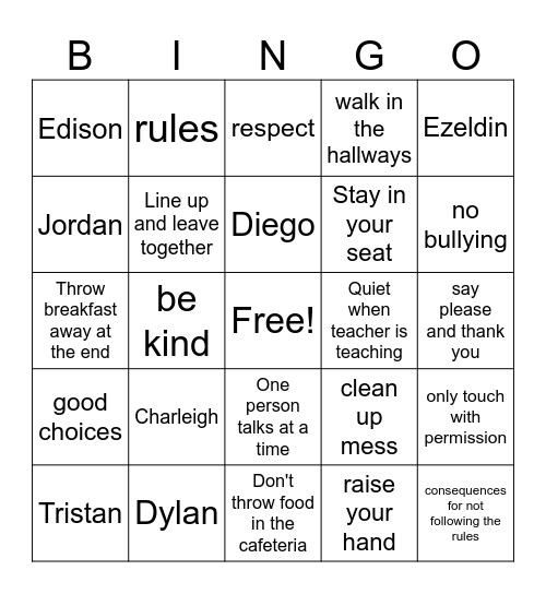 Classroom Rules Bingo Card