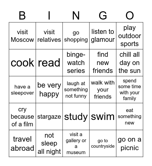 Summer Bingo Card