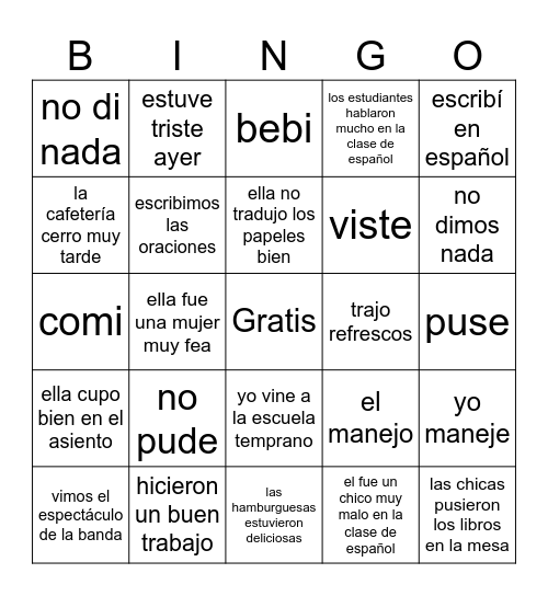 Español 3 - El Preterito Bingo Card