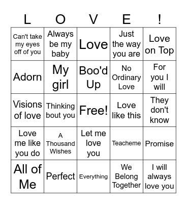 Love Songs Bingo Card