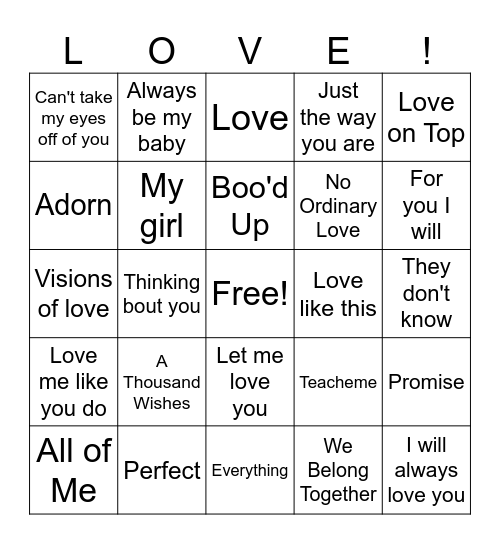 Love Songs Bingo Card