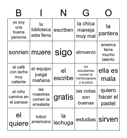 Español 2 - verbos Bingo Card