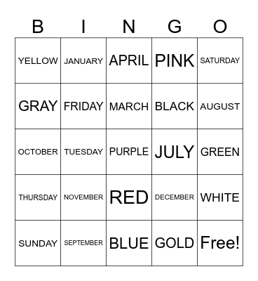 Days, Months, and Colors Bingo Card