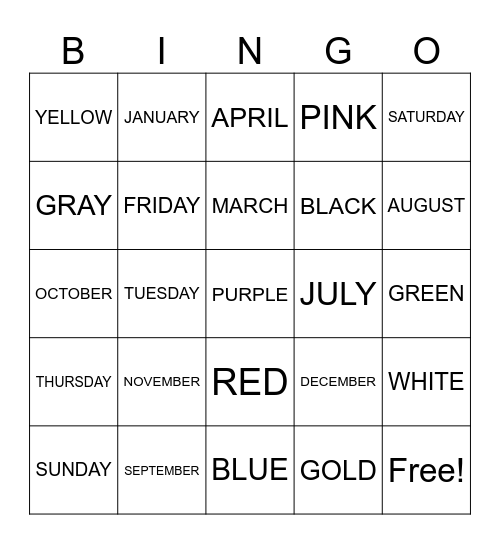 Days, Months, and Colors Bingo Card