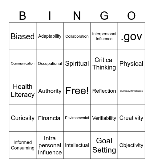 Personal & Consumer Health Bingo Card