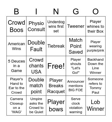 US OPEN BINGO Card