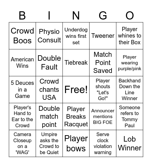 US OPEN BINGO Card