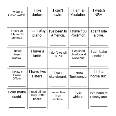 Name Game Bingo Card