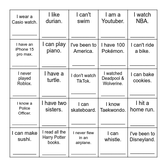 Name Game Bingo Card