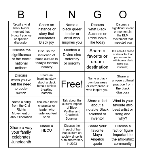 Black Student Welcome Bingo Card