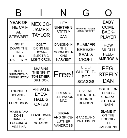 YACHT ROCK Bingo Card