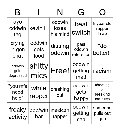 Oddwin Rap Contest 2024 Bingo Card