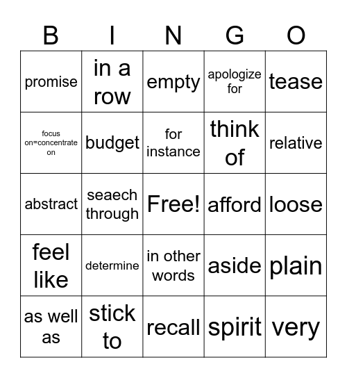 开学考单词检测2 Bingo Card