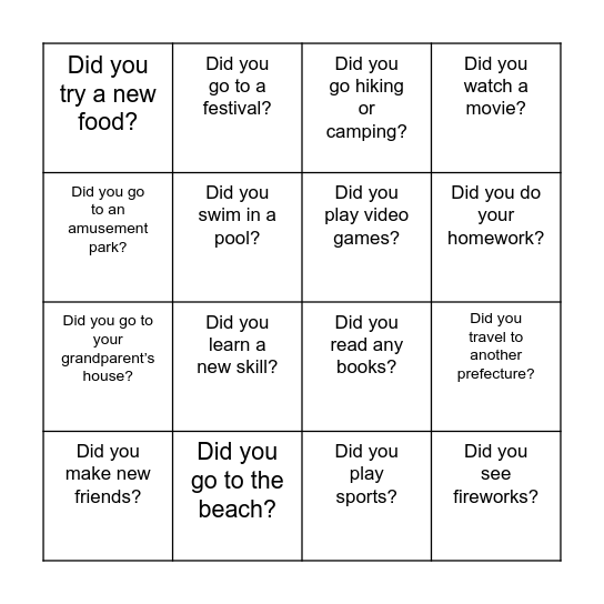 Summer Vacation BINGO Card