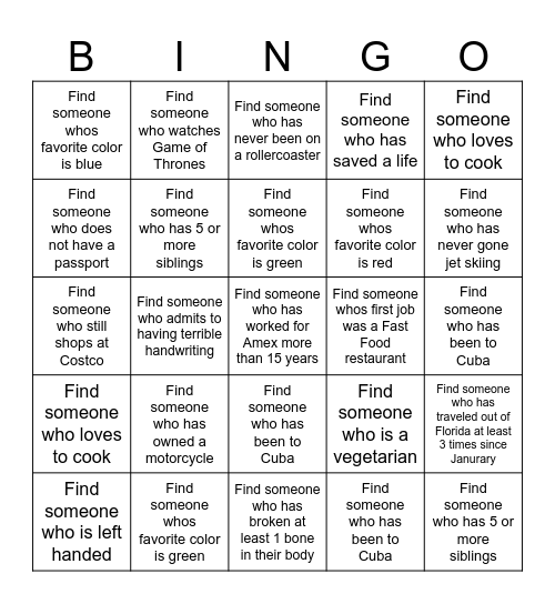 GET TO KNOW YOU Bingo Card