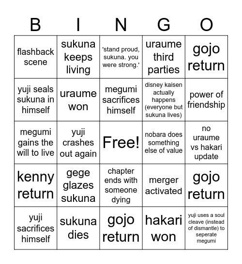 jjk 268 Bingo Card