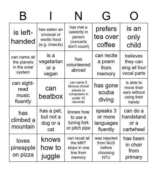 Choir Bingo Card