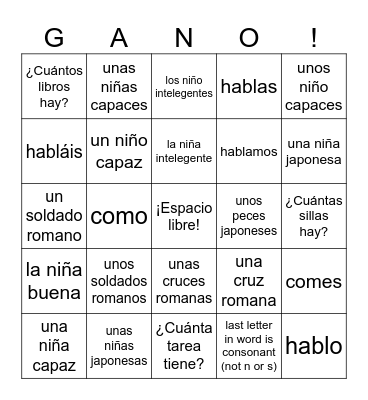 Spanish 2 Bingo Card