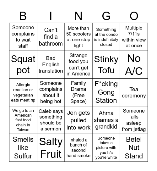 Taiwan Trip 2024 Bingo Card